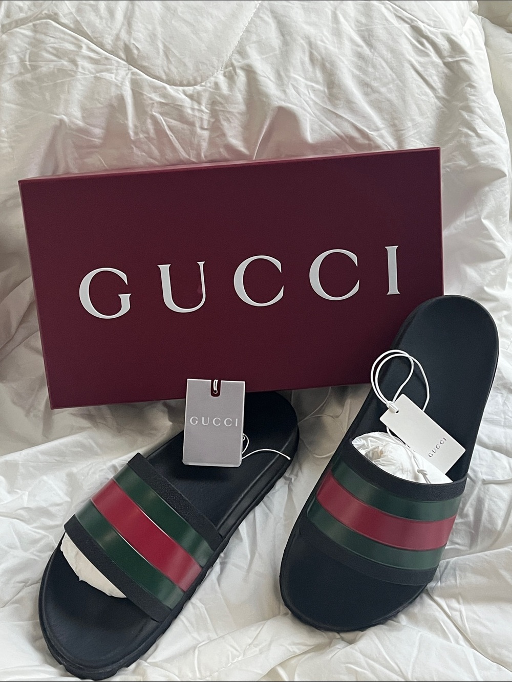 Gucci Black Slides with Red and Green Stripes Size 12